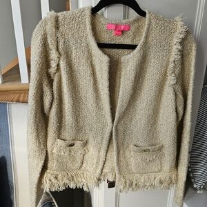 Lilly Pulitzer Cream Fringe Tweed Open Front Jacket